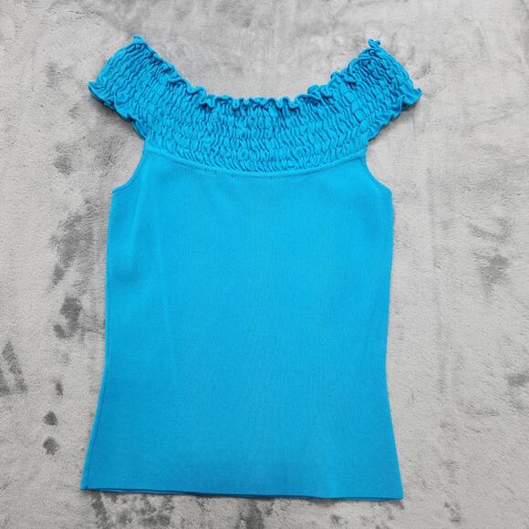 Vintage Lilli Rubin Top Womens S Blue Off Shoulder Smocked Stretch Knit Coquette - Picture 2 of 9